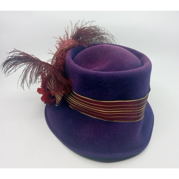 Vintage Valerie Modes Genuine Velour Imported Fur Hat - Purple Feathers 22 1/2 - Picture 2 of 4